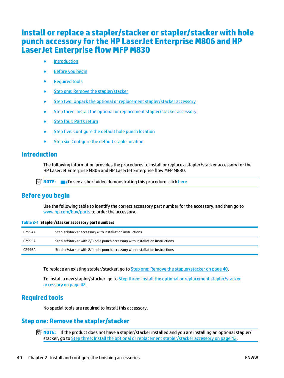 Introduction, Before you begin, Required tools | Step one: remove the stapler/stacker | HP LaserJet Enterprise M806x+ Black and White Laser Printer User Manual | Page 48 / 162