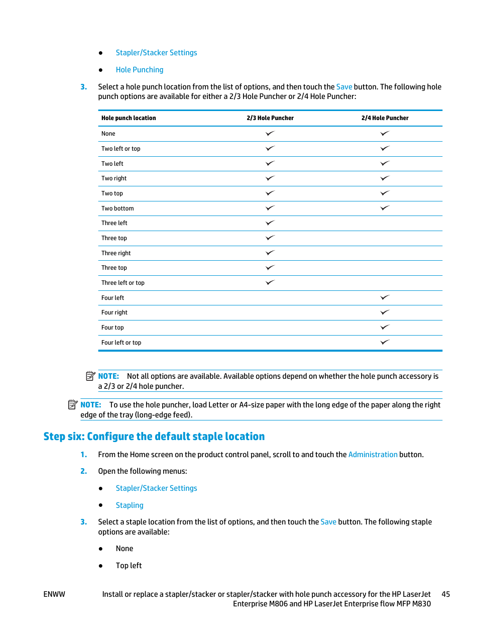 Step six: configure the default staple location | HP LaserJet Enterprise M806x+ Black and White Laser Printer User Manual | Page 53 / 162