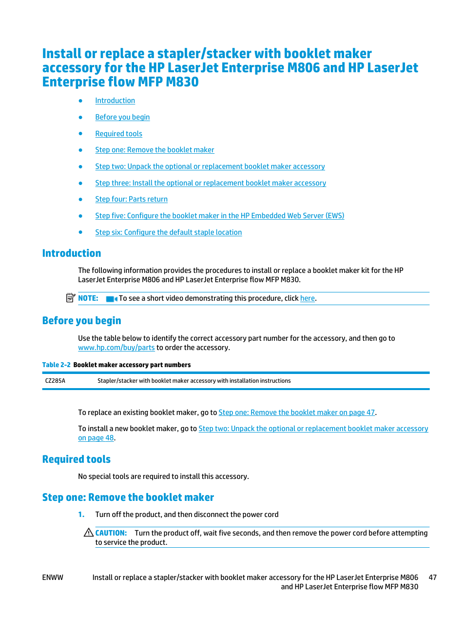 Introduction, Before you begin, Required tools | Step one: remove the booklet maker, And hp laserjet enterprise flow mfp m830 | HP LaserJet Enterprise M806x+ Black and White Laser Printer User Manual | Page 55 / 162