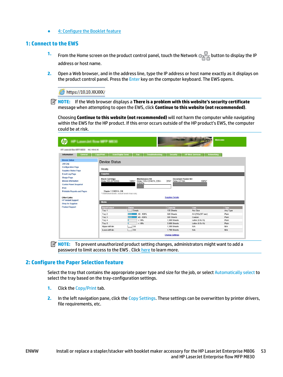 Connect to the ews, Configure the paper selection feature | HP LaserJet Enterprise M806x+ Black and White Laser Printer User Manual | Page 61 / 162