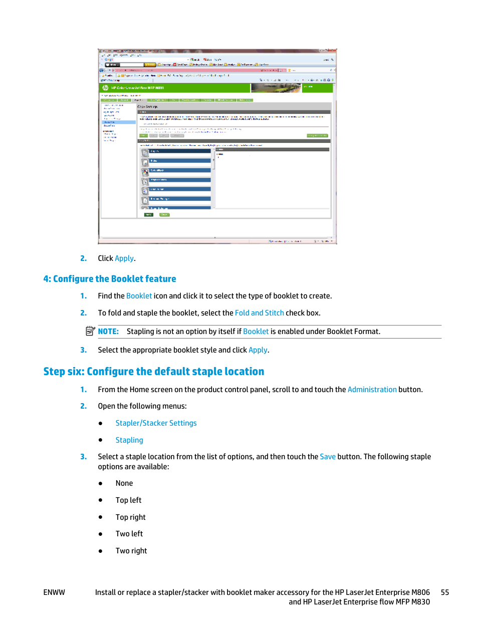 Configure the booklet feature, Step six: configure the default staple location | HP LaserJet Enterprise M806x+ Black and White Laser Printer User Manual | Page 63 / 162