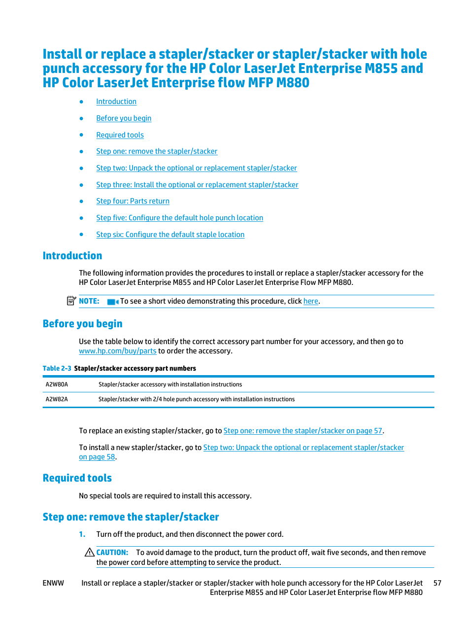 Introduction, Before you begin, Required tools | Step one: remove the stapler/stacker | HP LaserJet Enterprise M806x+ Black and White Laser Printer User Manual | Page 65 / 162