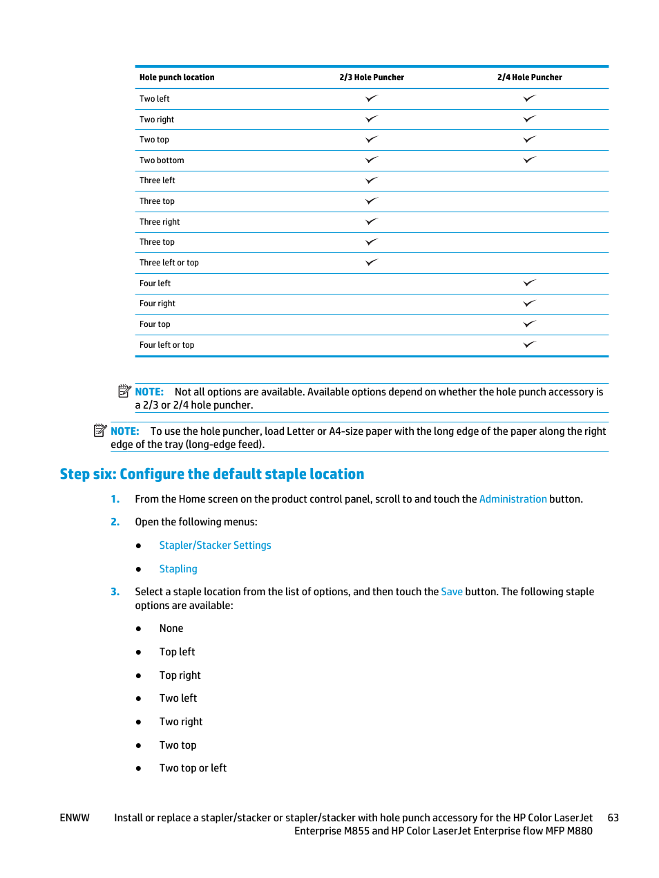 Step six: configure the default staple location | HP LaserJet Enterprise M806x+ Black and White Laser Printer User Manual | Page 71 / 162