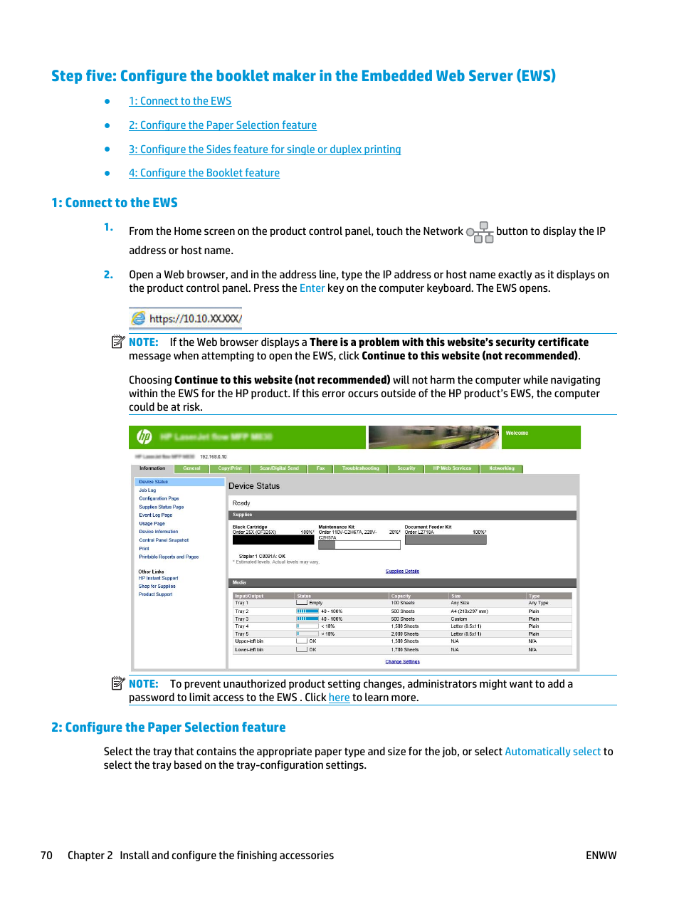 Connect to the ews, Configure the paper selection feature | HP LaserJet Enterprise M806x+ Black and White Laser Printer User Manual | Page 78 / 162