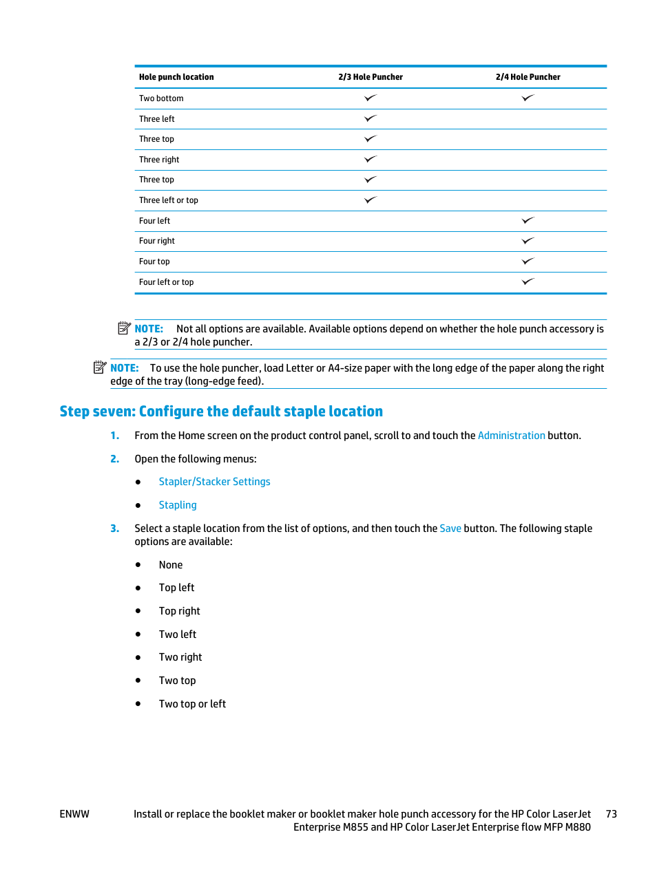 Step seven: configure the default staple location | HP LaserJet Enterprise M806x+ Black and White Laser Printer User Manual | Page 81 / 162