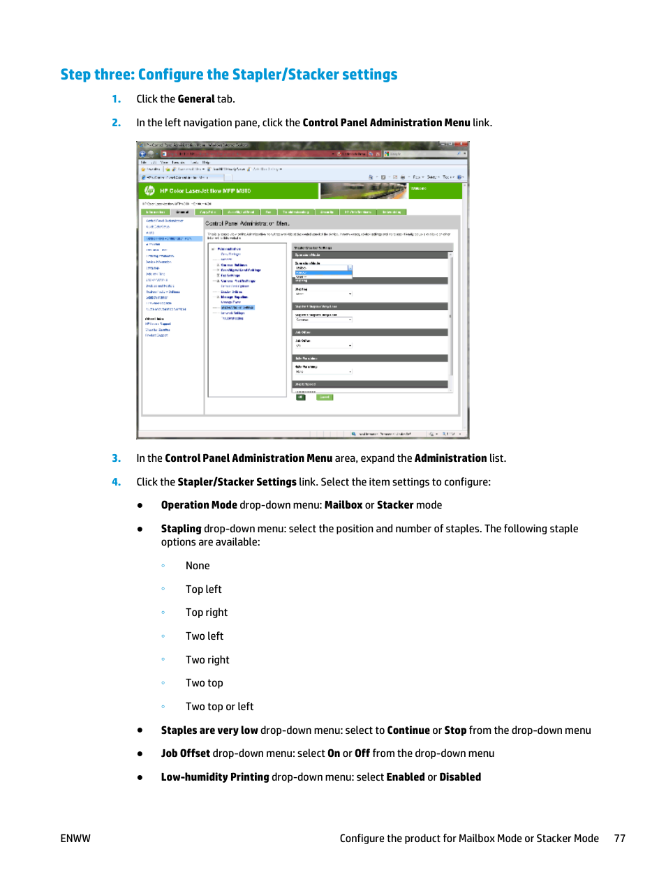 Step three: configure the stapler/stacker settings | HP LaserJet Enterprise M806x+ Black and White Laser Printer User Manual | Page 85 / 162