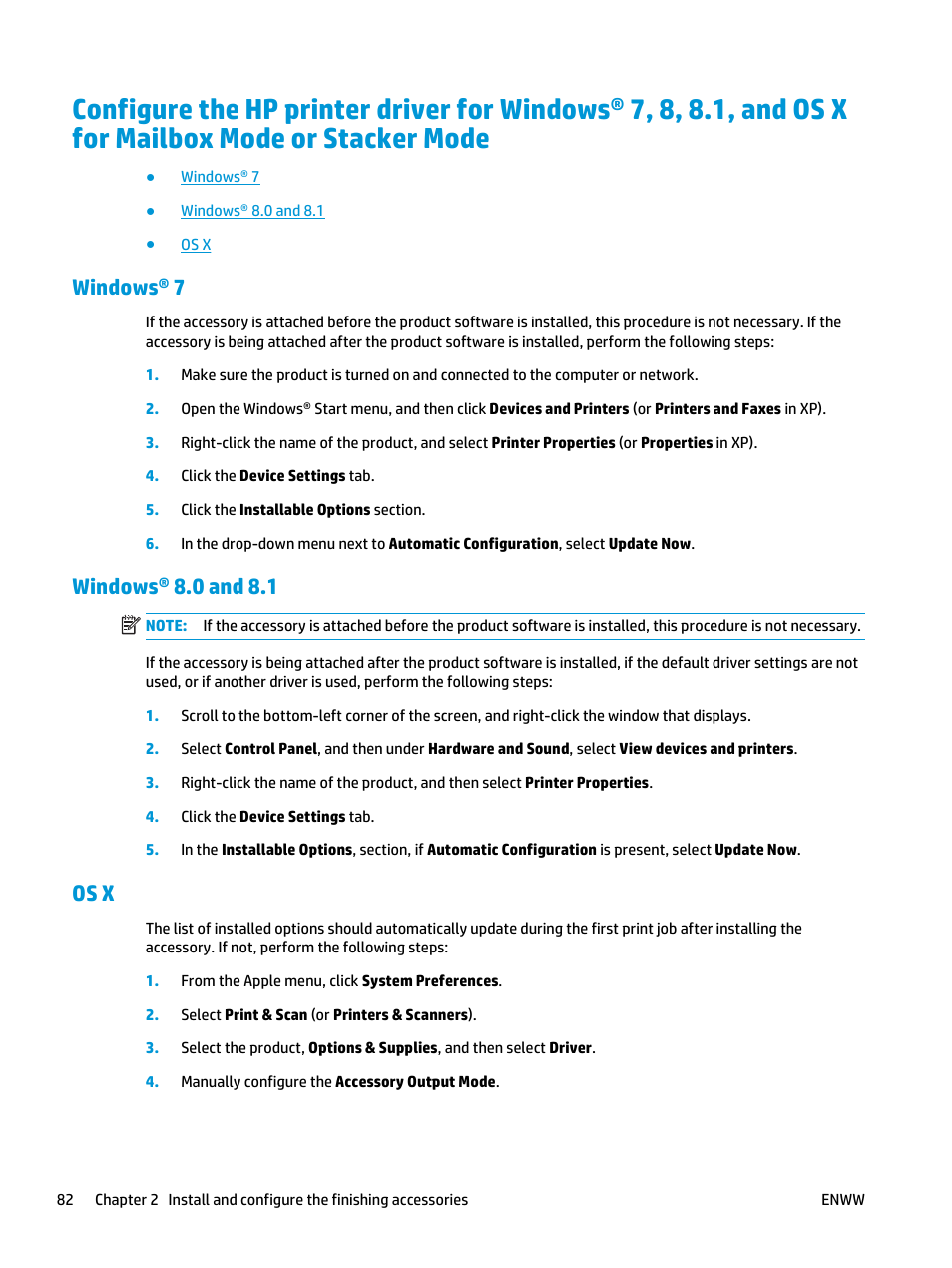 Windows® 7, Windows® 8.0 and 8.1, Os x | Windows® 7 windows® 8.0 and 8.1 os x | HP LaserJet Enterprise M806x+ Black and White Laser Printer User Manual | Page 90 / 162