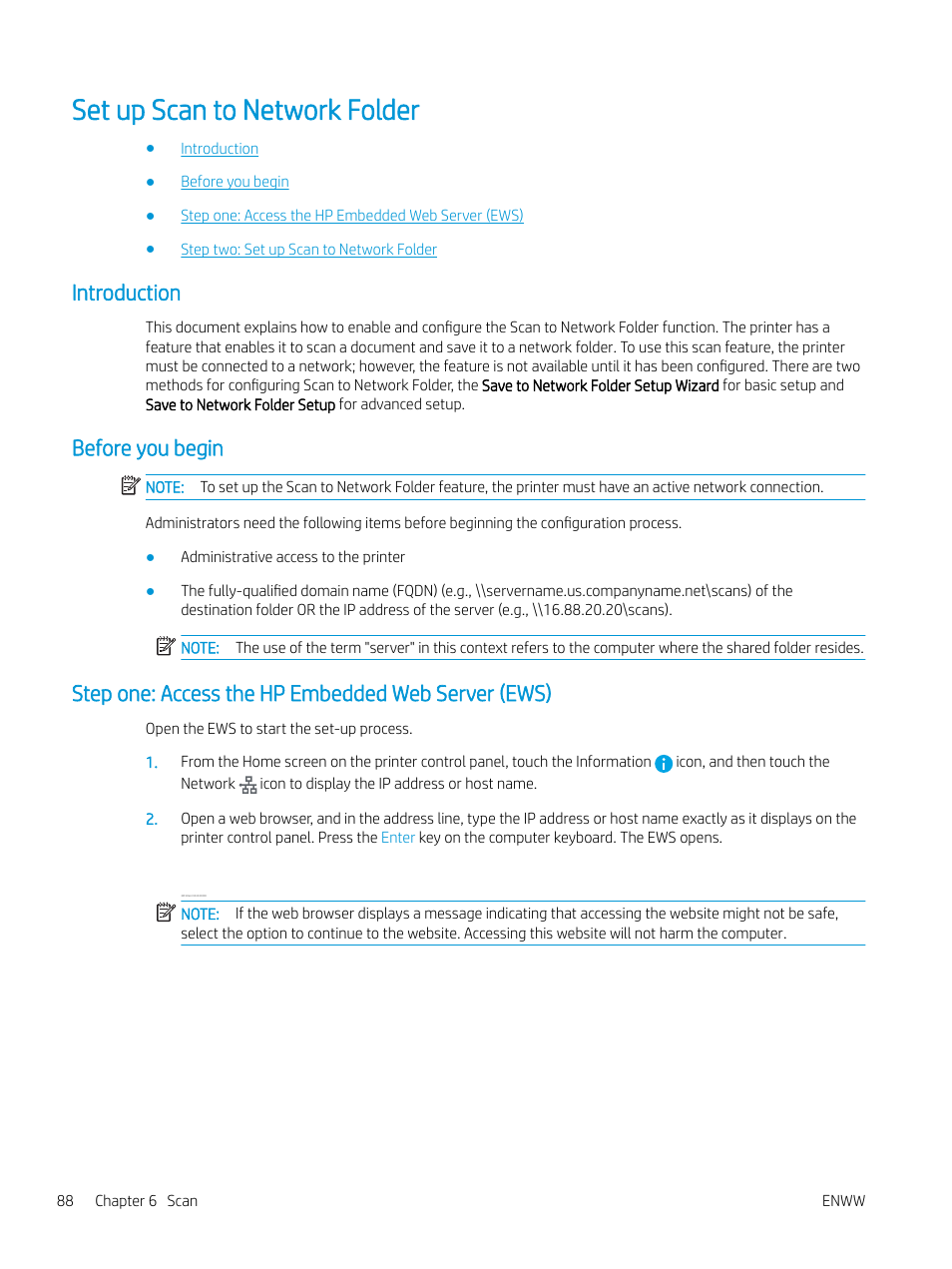 Set up scan to network folder, Introduction, Before you begin | Step one: access the hp embedded web server (ews), Introduction before you begin | HP MFP M528f Monochrome Laser Printer User Manual | Page 102 / 248