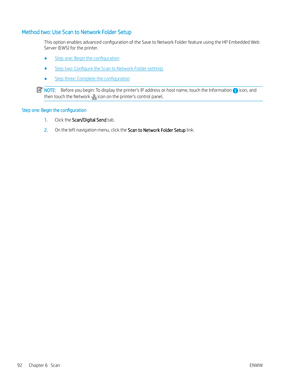 Method two: use scan to network folder setup, Step one: begin the configuration | HP MFP M528f Monochrome Laser Printer User Manual | Page 106 / 248