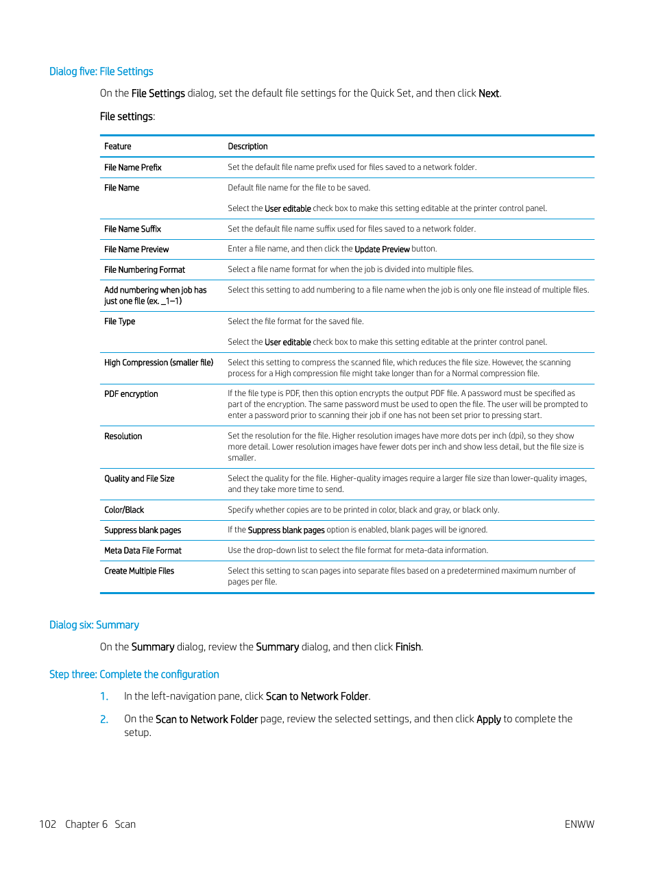 Dialog five: file settings, Dialog six: summary, Step three: complete the configuration | HP MFP M528f Monochrome Laser Printer User Manual | Page 116 / 248