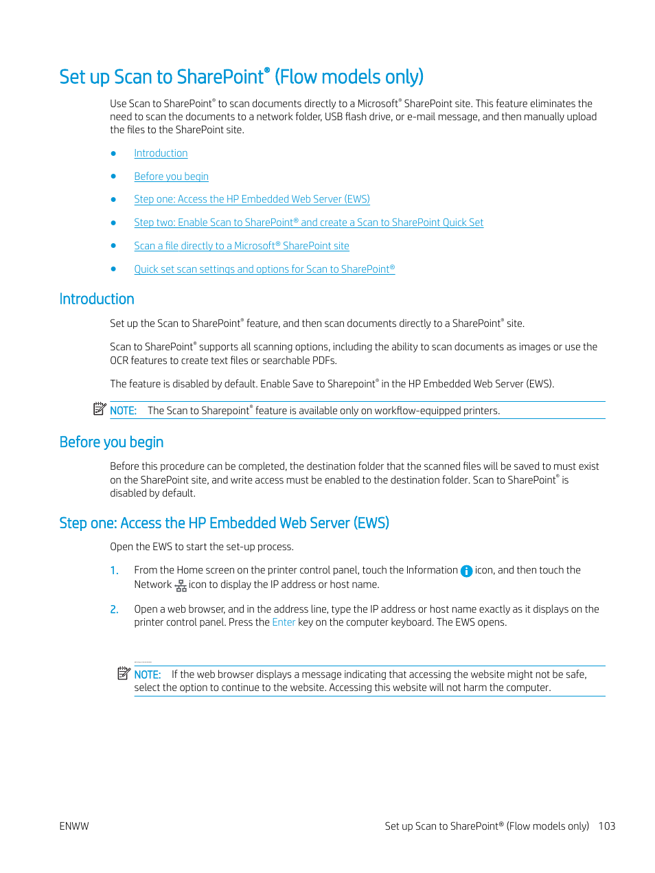 Set up scan to sharepoint® (flow models only), Introduction, Before you begin | Step one: access the hp embedded web server (ews), Introduction before you begin, Set up scan to sharepoint, Flow models only) | HP MFP M528f Monochrome Laser Printer User Manual | Page 117 / 248