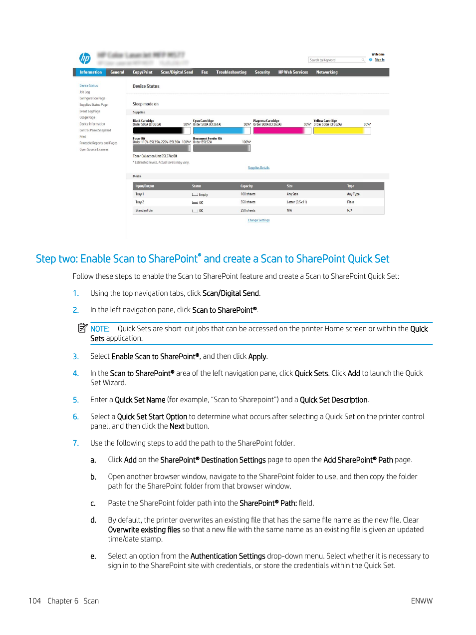 Step two: enable scan to sharepoint, And create a scan to sharepoint quick set | HP MFP M528f Monochrome Laser Printer User Manual | Page 118 / 248