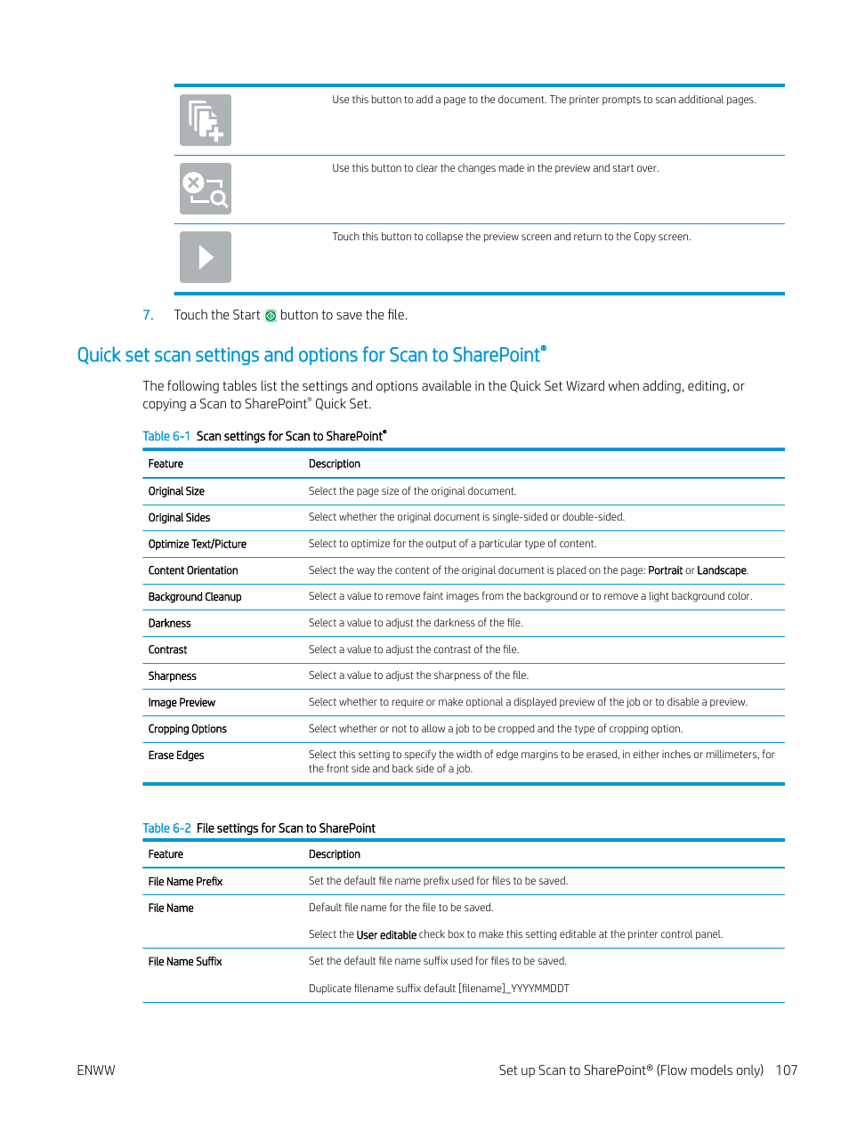 Table 6-1 scan, Settings for scan to sharepoint, Tion, see | Table 6-2 file | HP MFP M528f Monochrome Laser Printer User Manual | Page 121 / 248