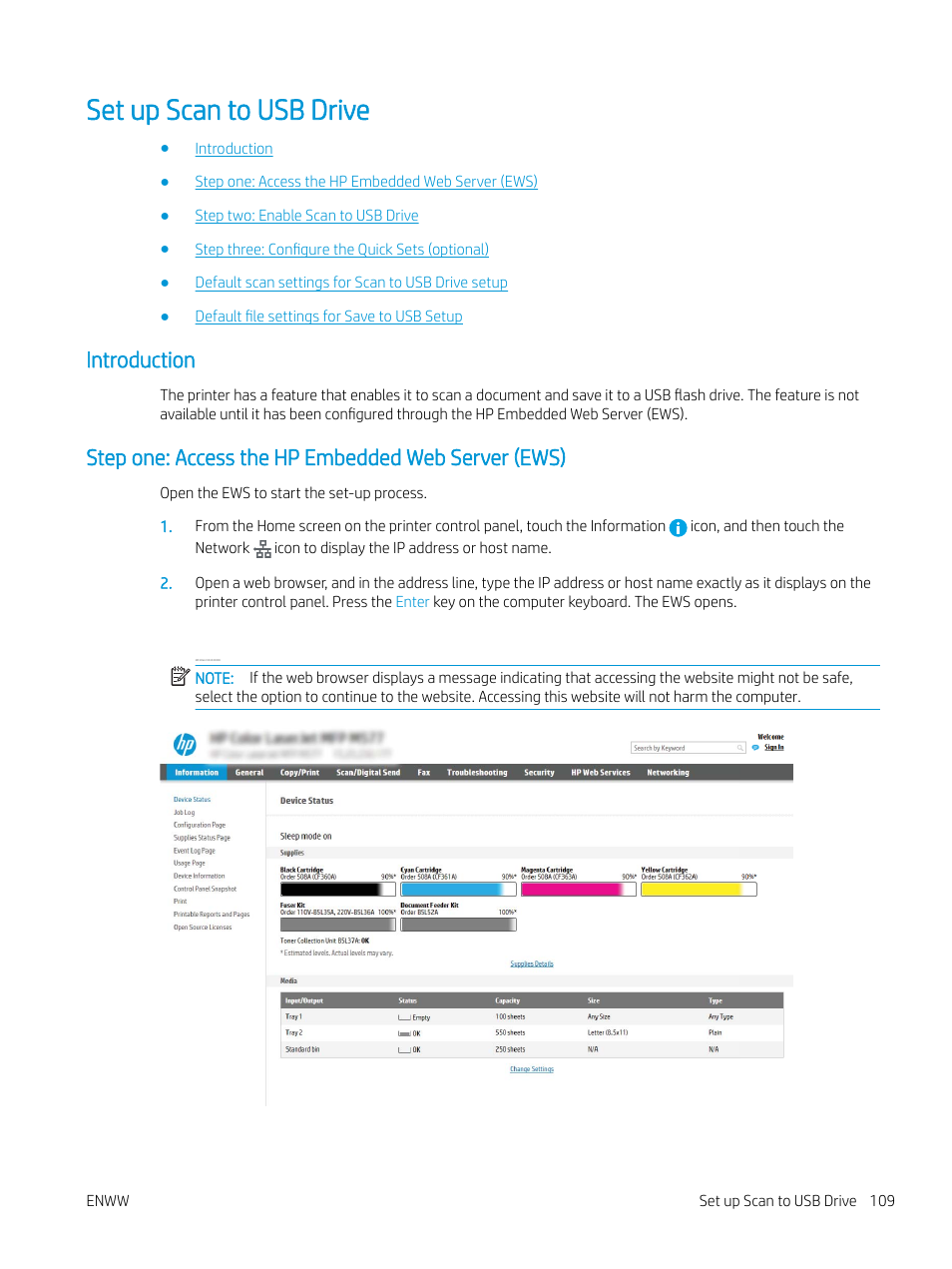 Set up scan to usb drive, Introduction, Step one: access the hp embedded web server (ews) | HP MFP M528f Monochrome Laser Printer User Manual | Page 123 / 248