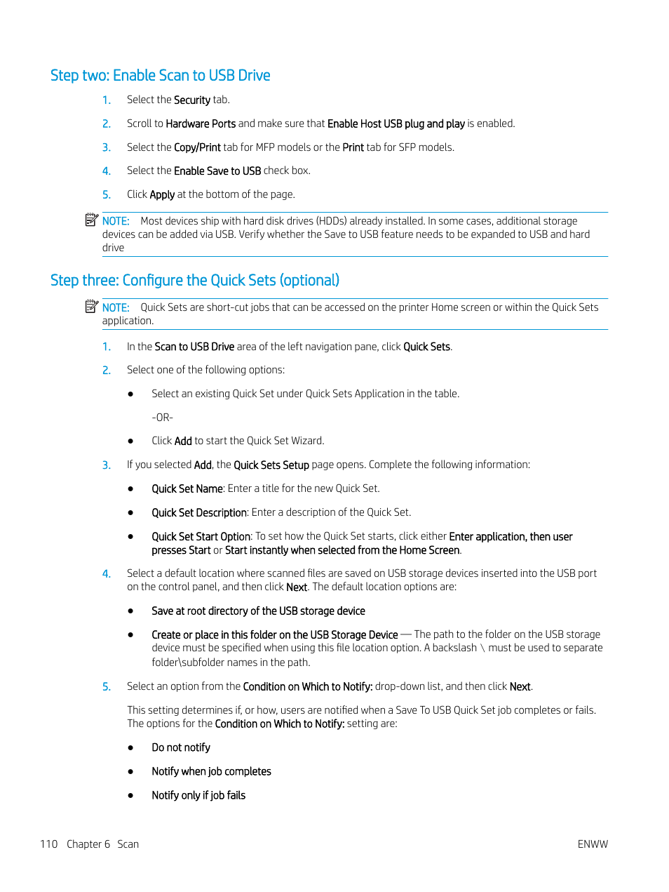 Step two: enable scan to usb drive, Step three: configure the quick sets (optional) | HP MFP M528f Monochrome Laser Printer User Manual | Page 124 / 248