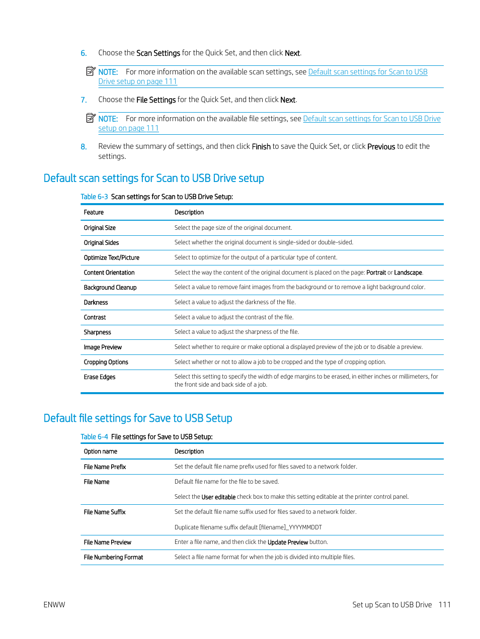 Default scan settings for scan to usb drive setup, Default file settings for save to usb setup | HP MFP M528f Monochrome Laser Printer User Manual | Page 125 / 248