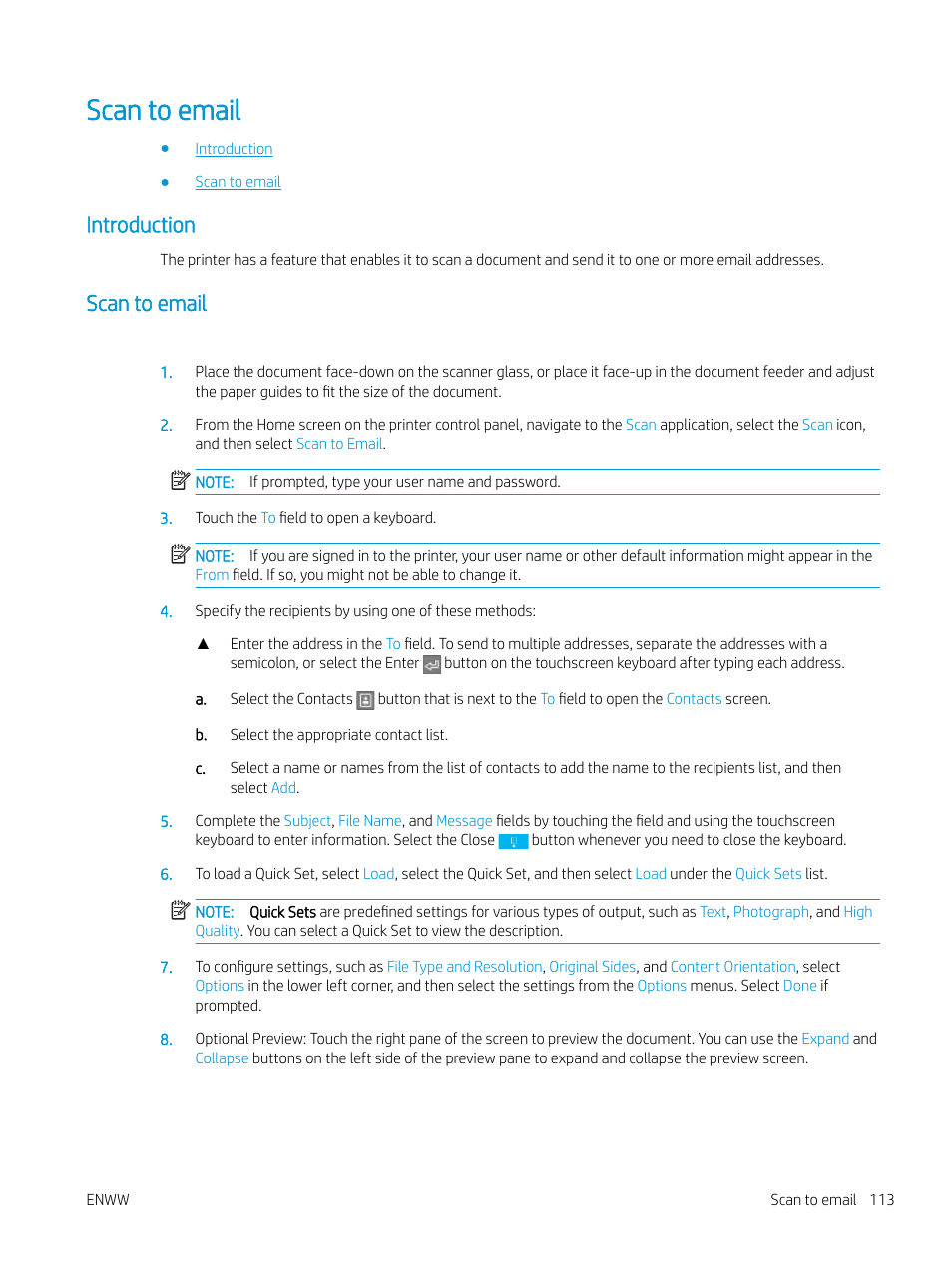 Scan to email, Introduction, Introduction scan to email | HP MFP M528f Monochrome Laser Printer User Manual | Page 127 / 248