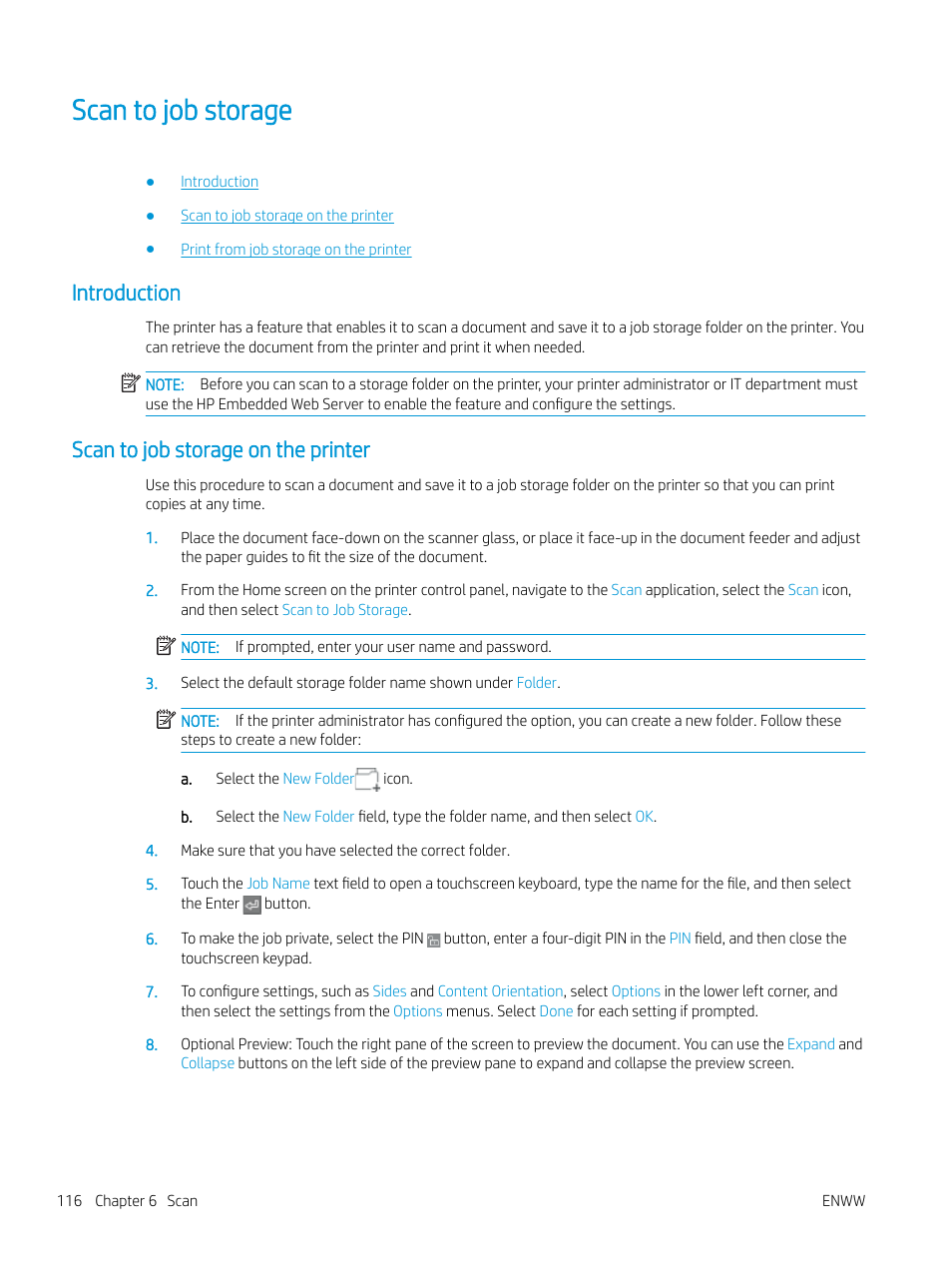 Scan to job storage, Introduction, Scan to job storage on the printer | Introduction scan to job storage on the printer | HP MFP M528f Monochrome Laser Printer User Manual | Page 130 / 248
