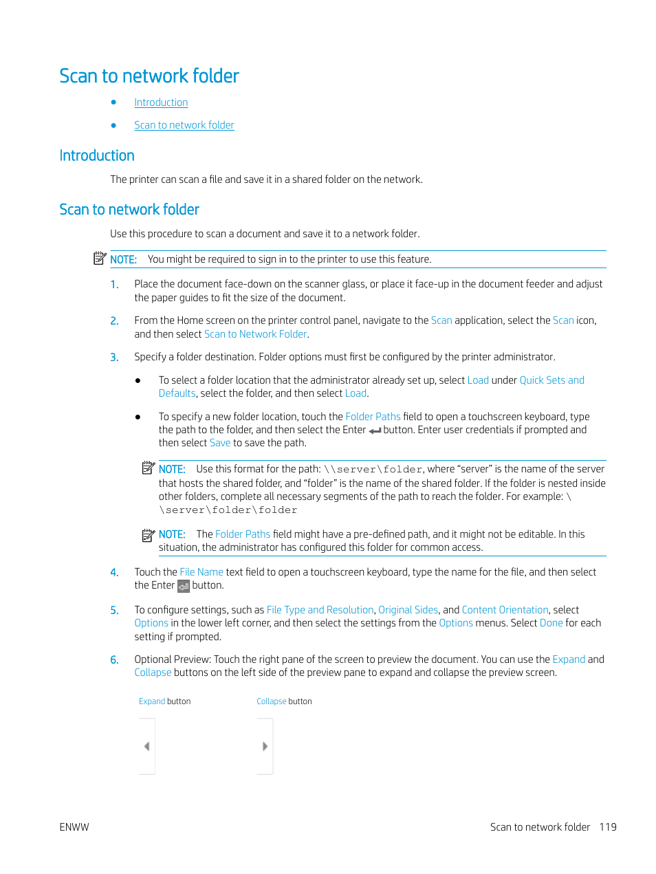 Scan to network folder, Introduction, Introduction scan to network folder | HP MFP M528f Monochrome Laser Printer User Manual | Page 133 / 248