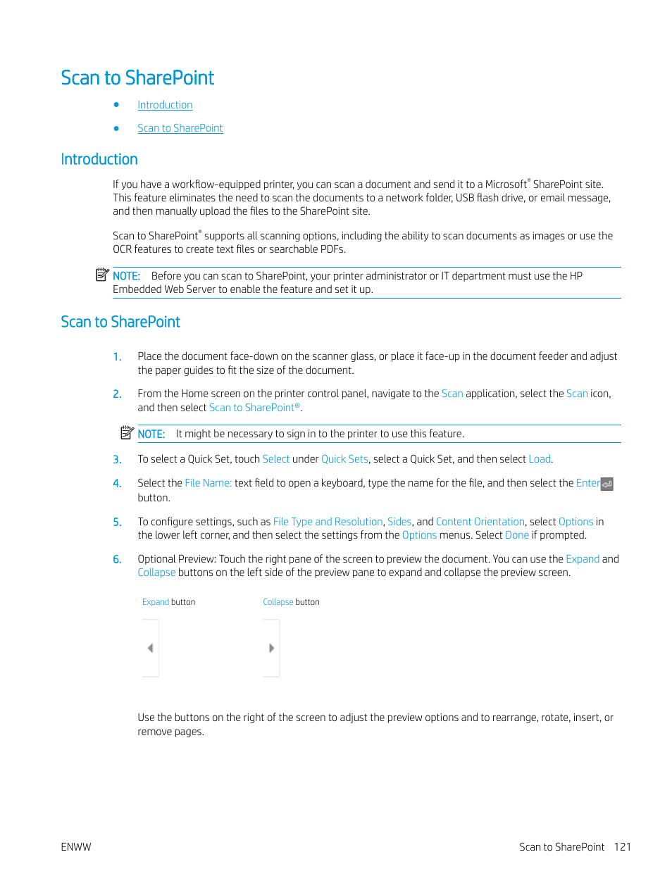 Scan to sharepoint, Introduction, Introduction scan to sharepoint | HP MFP M528f Monochrome Laser Printer User Manual | Page 135 / 248