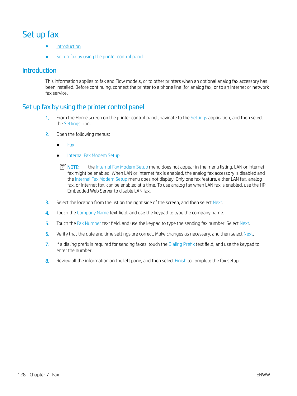 Set up fax, Introduction, Set up fax by using the printer control panel | HP MFP M528f Monochrome Laser Printer User Manual | Page 142 / 248