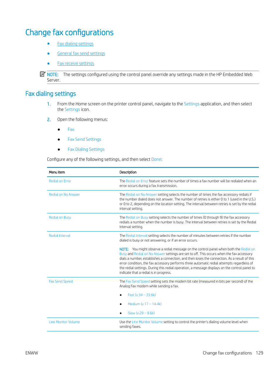 Change fax configurations, Fax dialing settings | HP MFP M528f Monochrome Laser Printer User Manual | Page 143 / 248