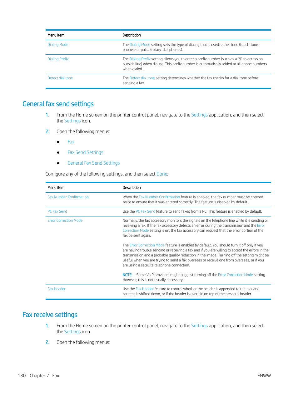 General fax send settings, Fax receive settings, General fax send settings fax receive settings | HP MFP M528f Monochrome Laser Printer User Manual | Page 144 / 248