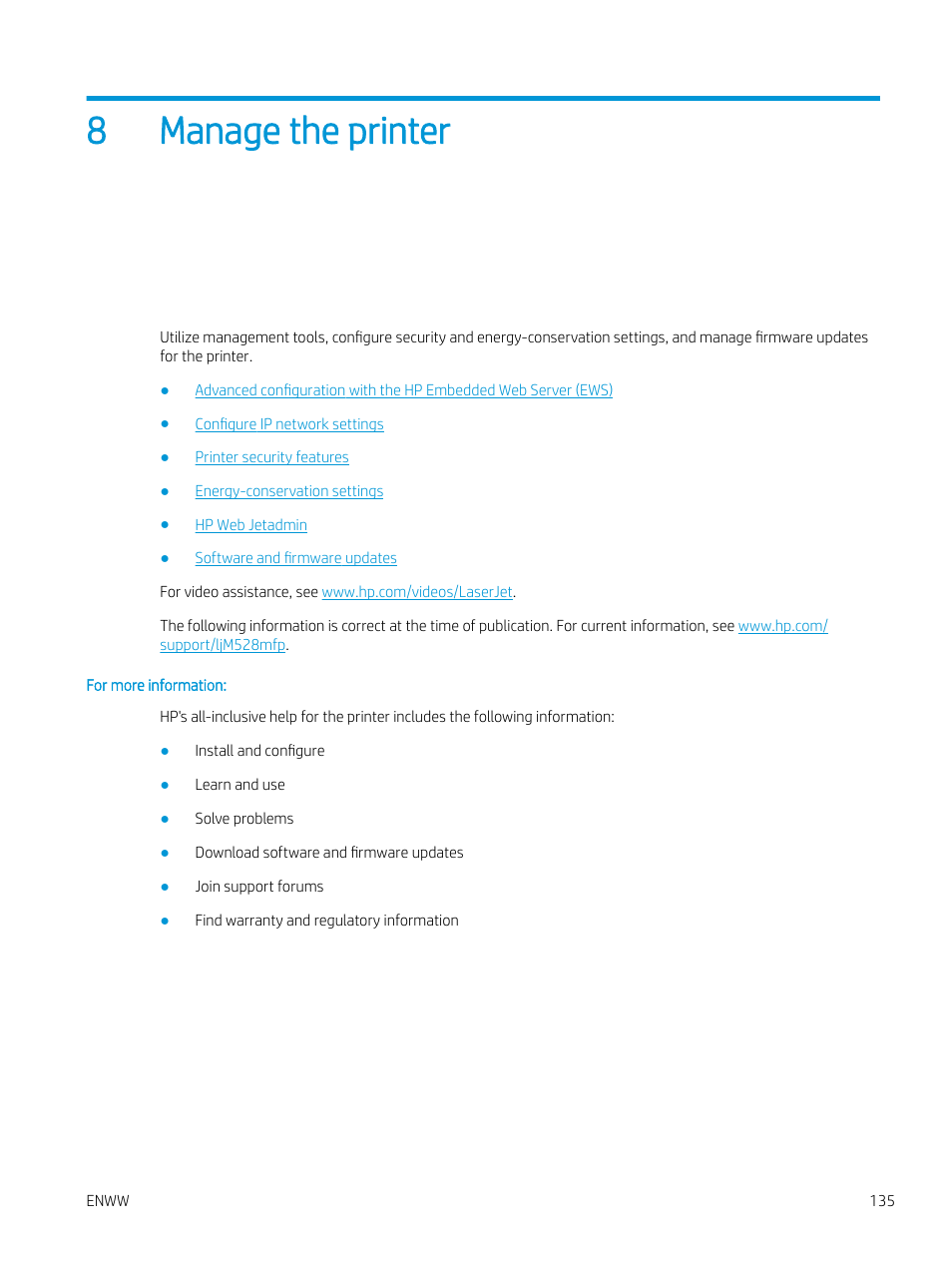 Manage the printer, 8 manage the printer, 8manage the printer | HP MFP M528f Monochrome Laser Printer User Manual | Page 149 / 248