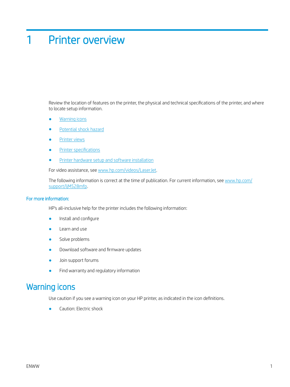 Printer overview, Warning icons, 1 printer overview | 1printer overview | HP MFP M528f Monochrome Laser Printer User Manual | Page 15 / 248