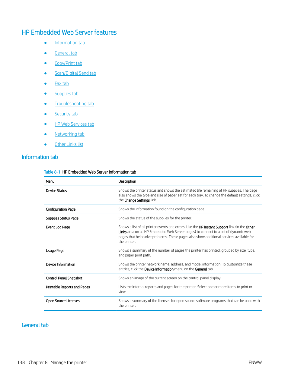 Hp embedded web server features, Information tab, General tab | Information tab general tab | HP MFP M528f Monochrome Laser Printer User Manual | Page 152 / 248