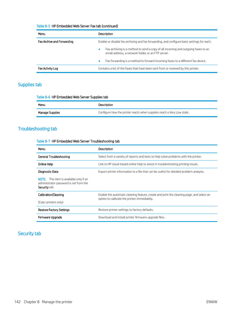 Supplies tab, Troubleshooting tab, Security tab | Supplies tab troubleshooting tab | HP MFP M528f Monochrome Laser Printer User Manual | Page 156 / 248