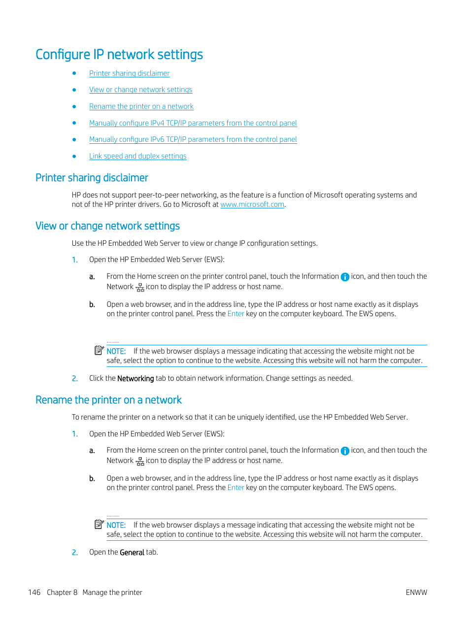Configure ip network settings, Printer sharing disclaimer, View or change network settings | Rename the printer on a network | HP MFP M528f Monochrome Laser Printer User Manual | Page 160 / 248