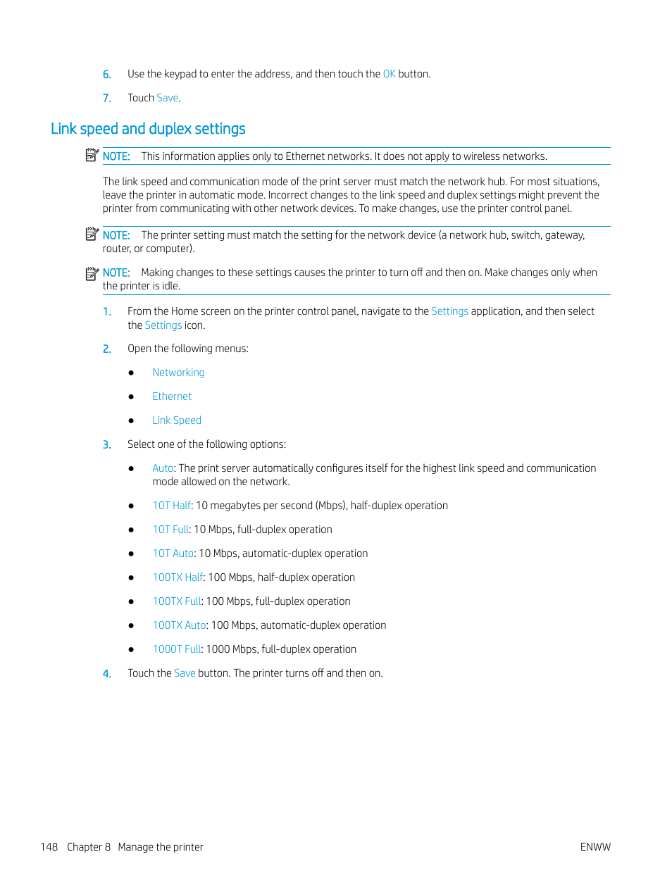 Link speed and duplex settings | HP MFP M528f Monochrome Laser Printer User Manual | Page 162 / 248