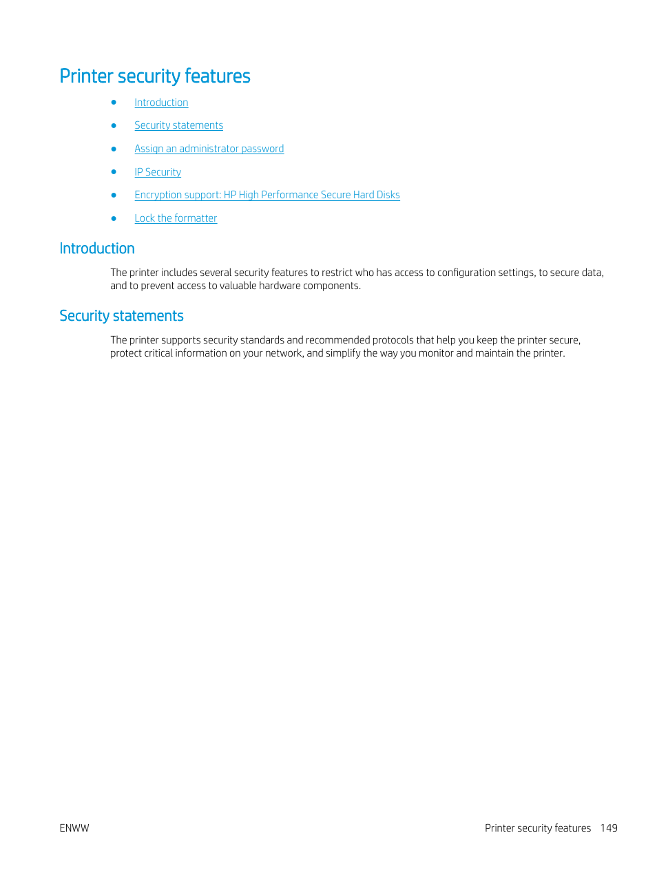 Printer security features, Introduction, Security statements | Introduction security statements | HP MFP M528f Monochrome Laser Printer User Manual | Page 163 / 248