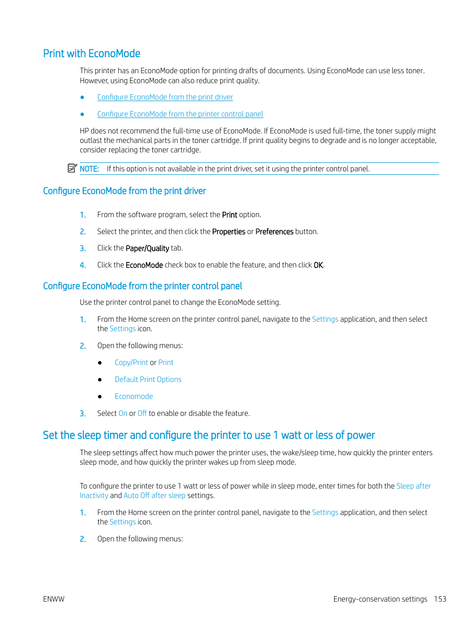 Print with economode, Configure economode from the print driver, Configure economode from the printer control panel | HP MFP M528f Monochrome Laser Printer User Manual | Page 167 / 248