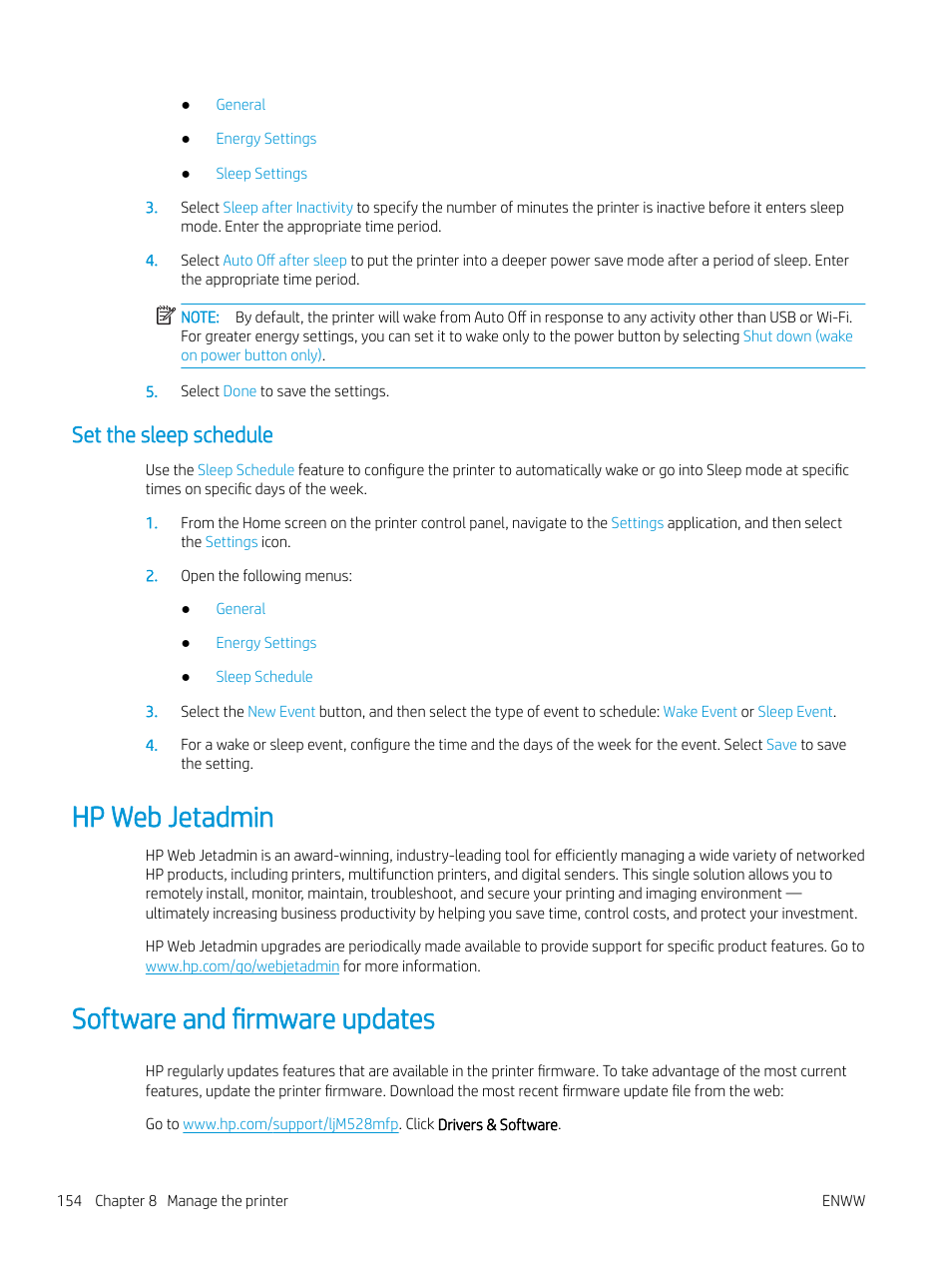Set the sleep schedule, Hp web jetadmin, Software and firmware updates | Hp web jetadmin software and firmware updates | HP MFP M528f Monochrome Laser Printer User Manual | Page 168 / 248