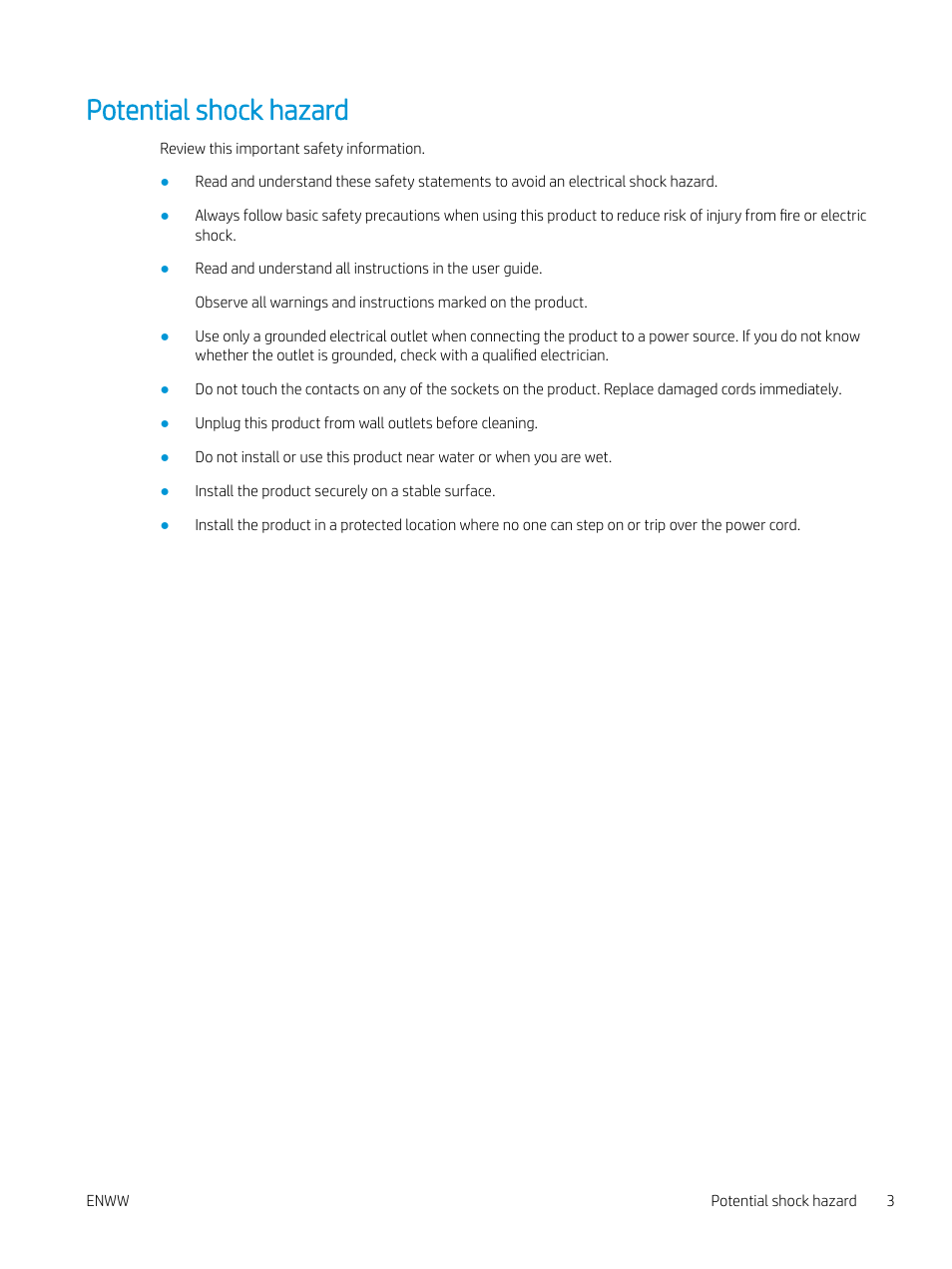 Potential shock hazard | HP MFP M528f Monochrome Laser Printer User Manual | Page 17 / 248