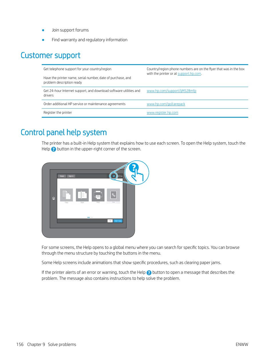 Customer support, Control panel help system, Customer support control panel help system | HP MFP M528f Monochrome Laser Printer User Manual | Page 170 / 248