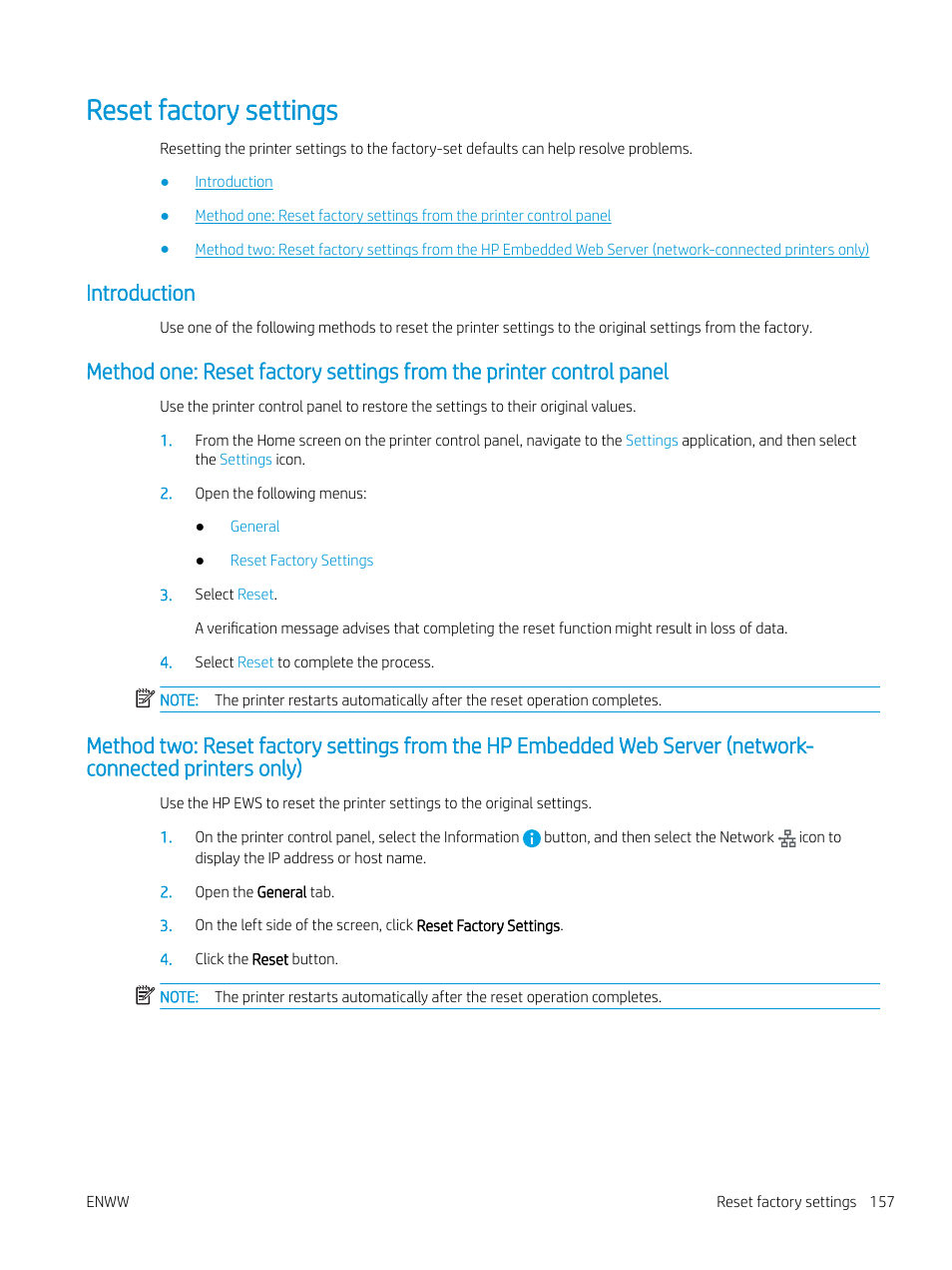 Reset factory settings, Introduction | HP MFP M528f Monochrome Laser Printer User Manual | Page 171 / 248