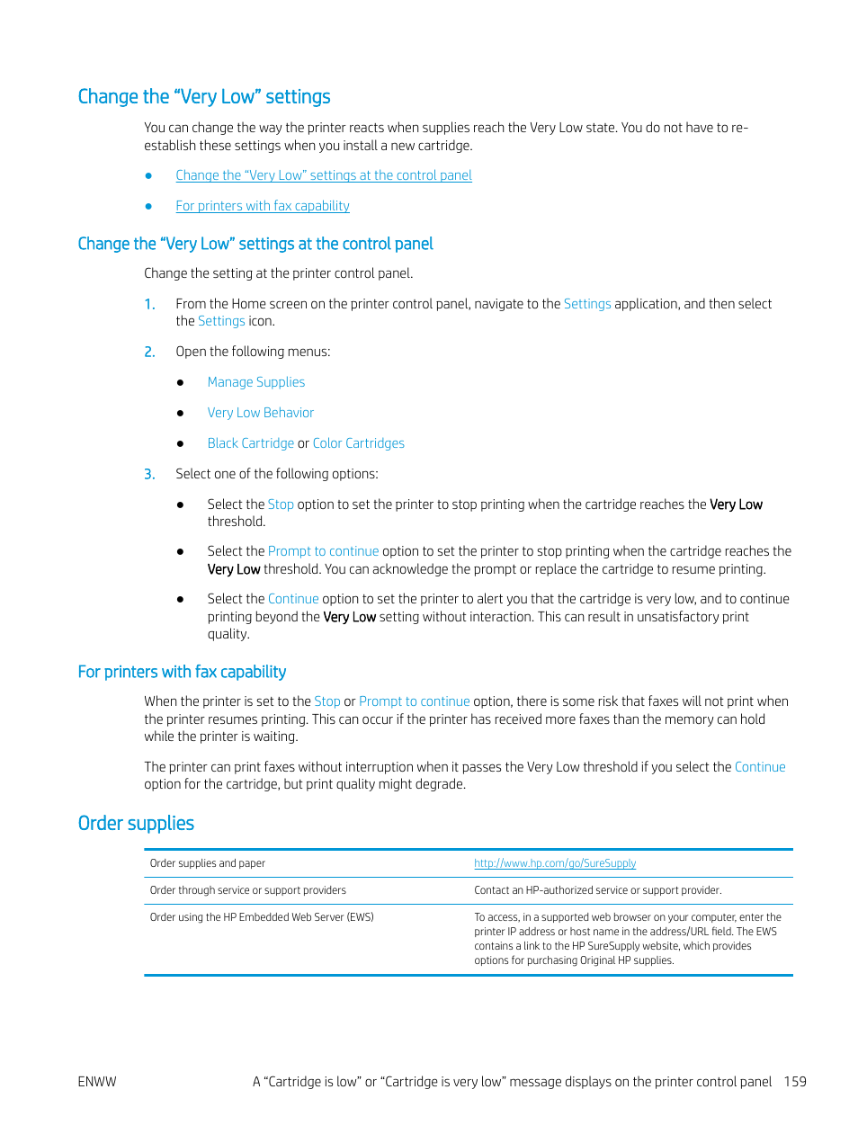 Change the “very low” settings, For printers with fax capability, Order supplies | HP MFP M528f Monochrome Laser Printer User Manual | Page 173 / 248