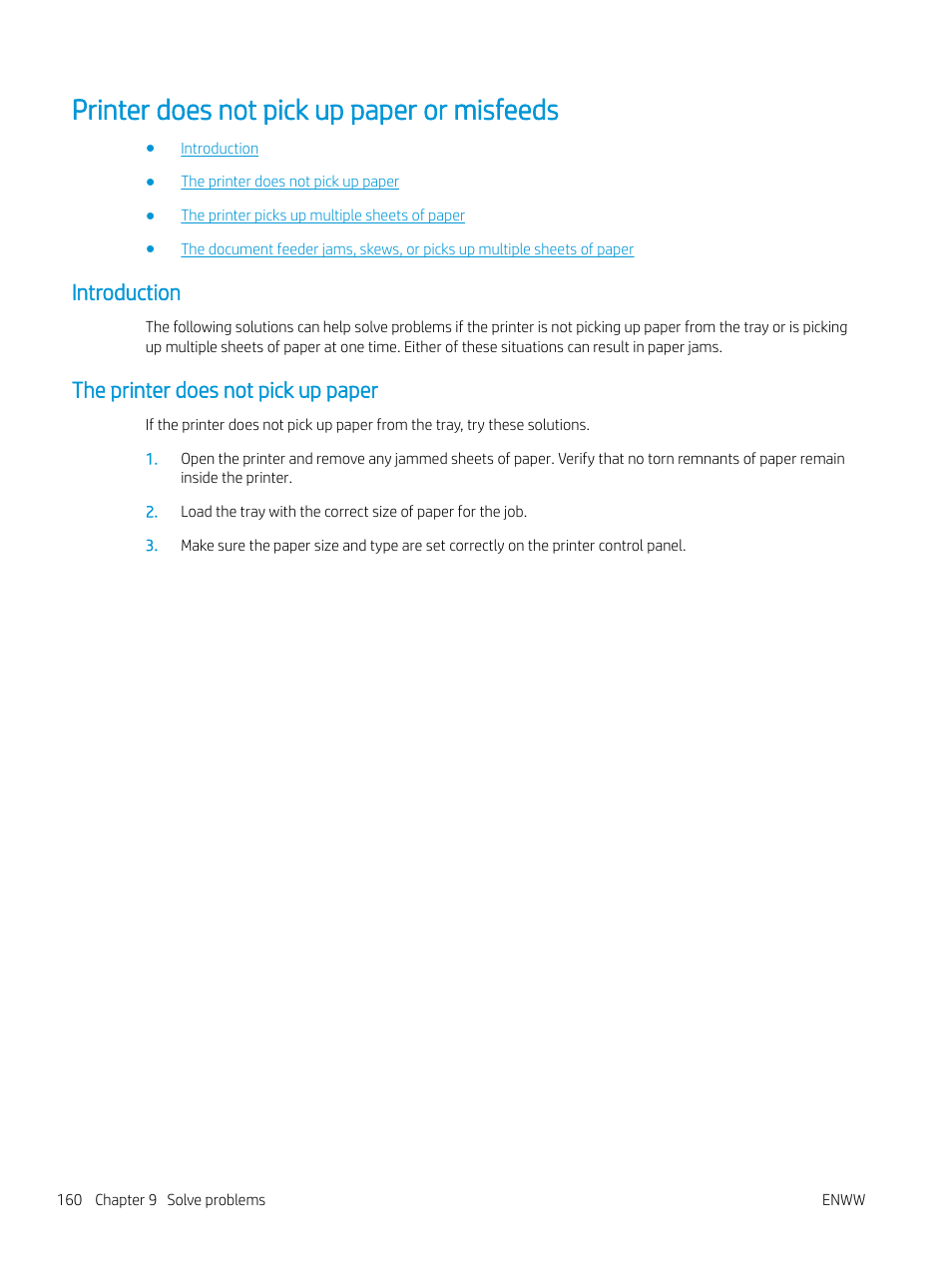 Printer does not pick up paper or misfeeds, Introduction, The printer does not pick up paper | Introduction the printer does not pick up paper | HP MFP M528f Monochrome Laser Printer User Manual | Page 174 / 248