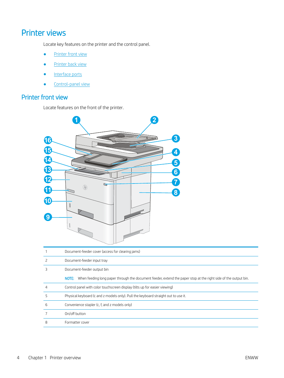 Printer views, Printer front view | HP MFP M528f Monochrome Laser Printer User Manual | Page 18 / 248