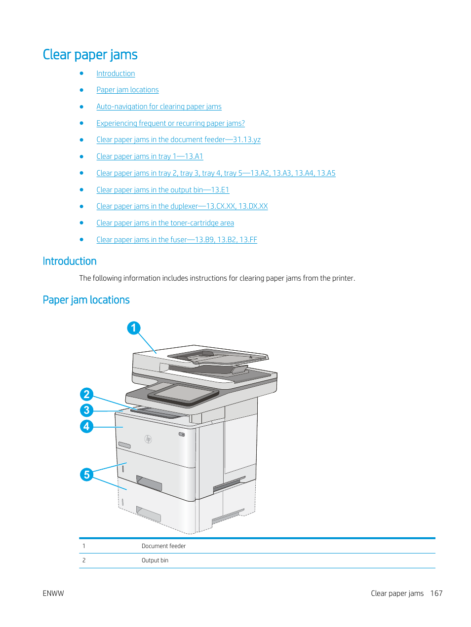 Clear paper jams, Introduction, Paper jam locations | Introduction paper jam locations | HP MFP M528f Monochrome Laser Printer User Manual | Page 181 / 248