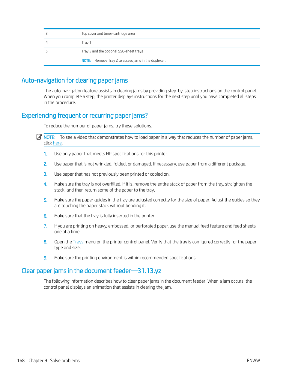 Auto-navigation for clearing paper jams, Experiencing frequent or recurring paper jams, Clear paper jams in the document feeder—31.13.yz | HP MFP M528f Monochrome Laser Printer User Manual | Page 182 / 248