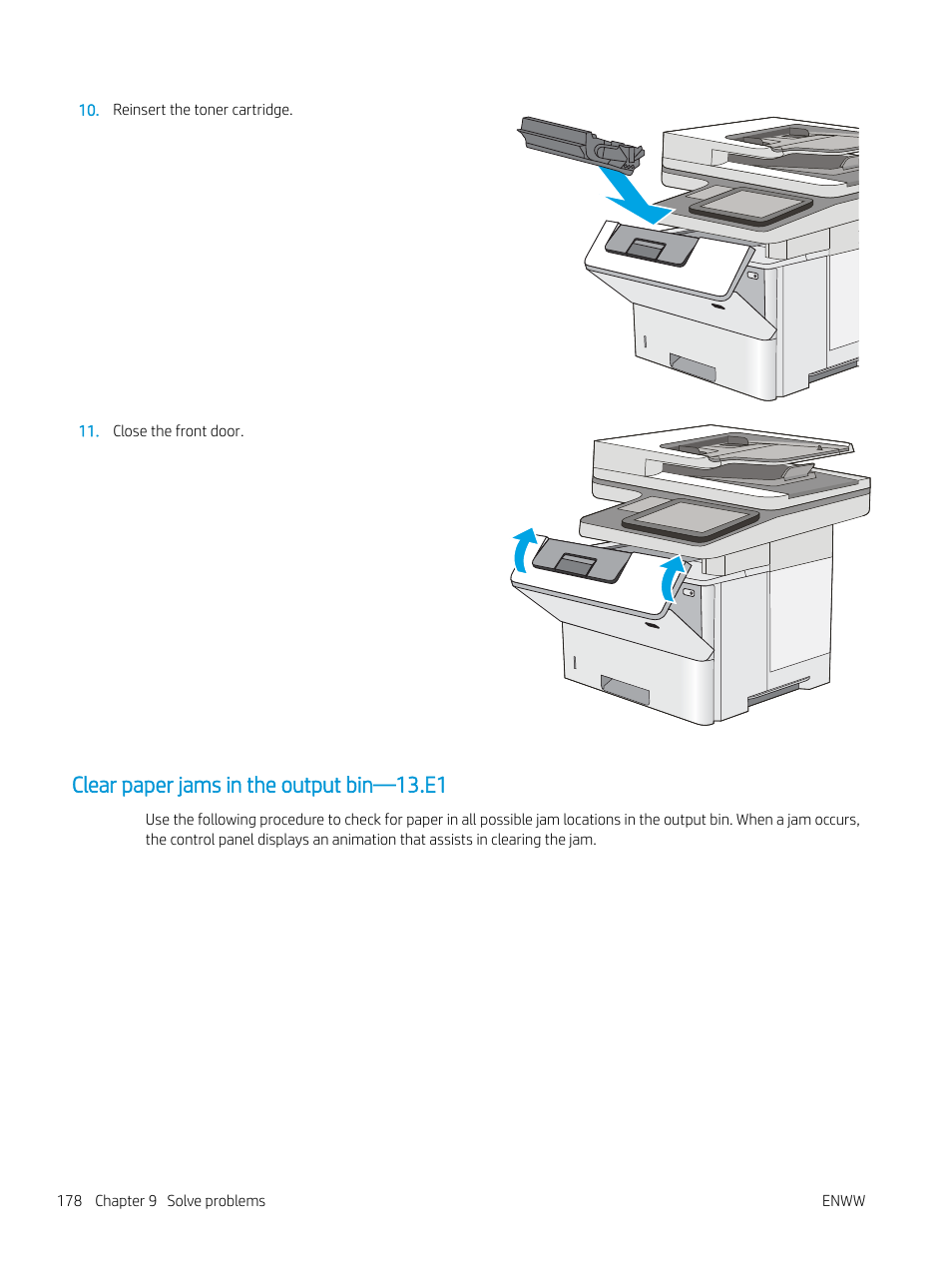 Clear paper jams in the output bin—13.e1 | HP MFP M528f Monochrome Laser Printer User Manual | Page 192 / 248