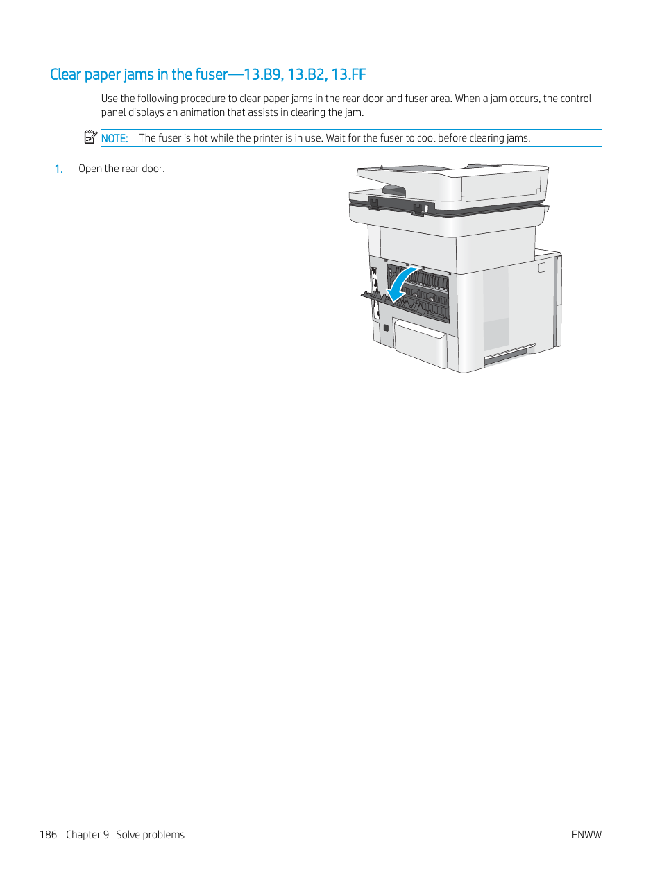 Clear paper jams in the fuser—13.b9, 13.b2, 13.ff | HP MFP M528f Monochrome Laser Printer User Manual | Page 200 / 248