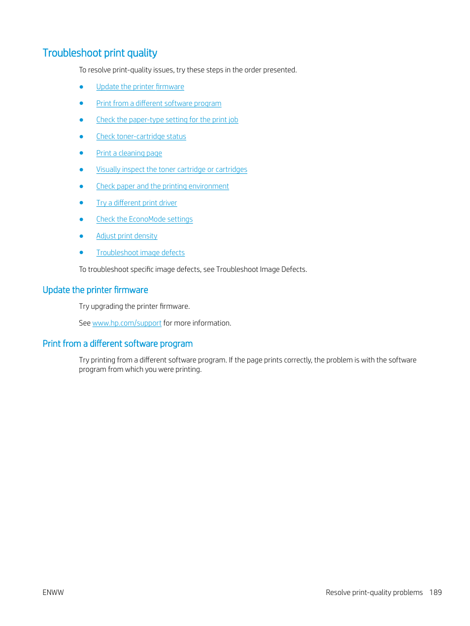 Troubleshoot print quality, Update the printer firmware, Print from a different software program | HP MFP M528f Monochrome Laser Printer User Manual | Page 203 / 248