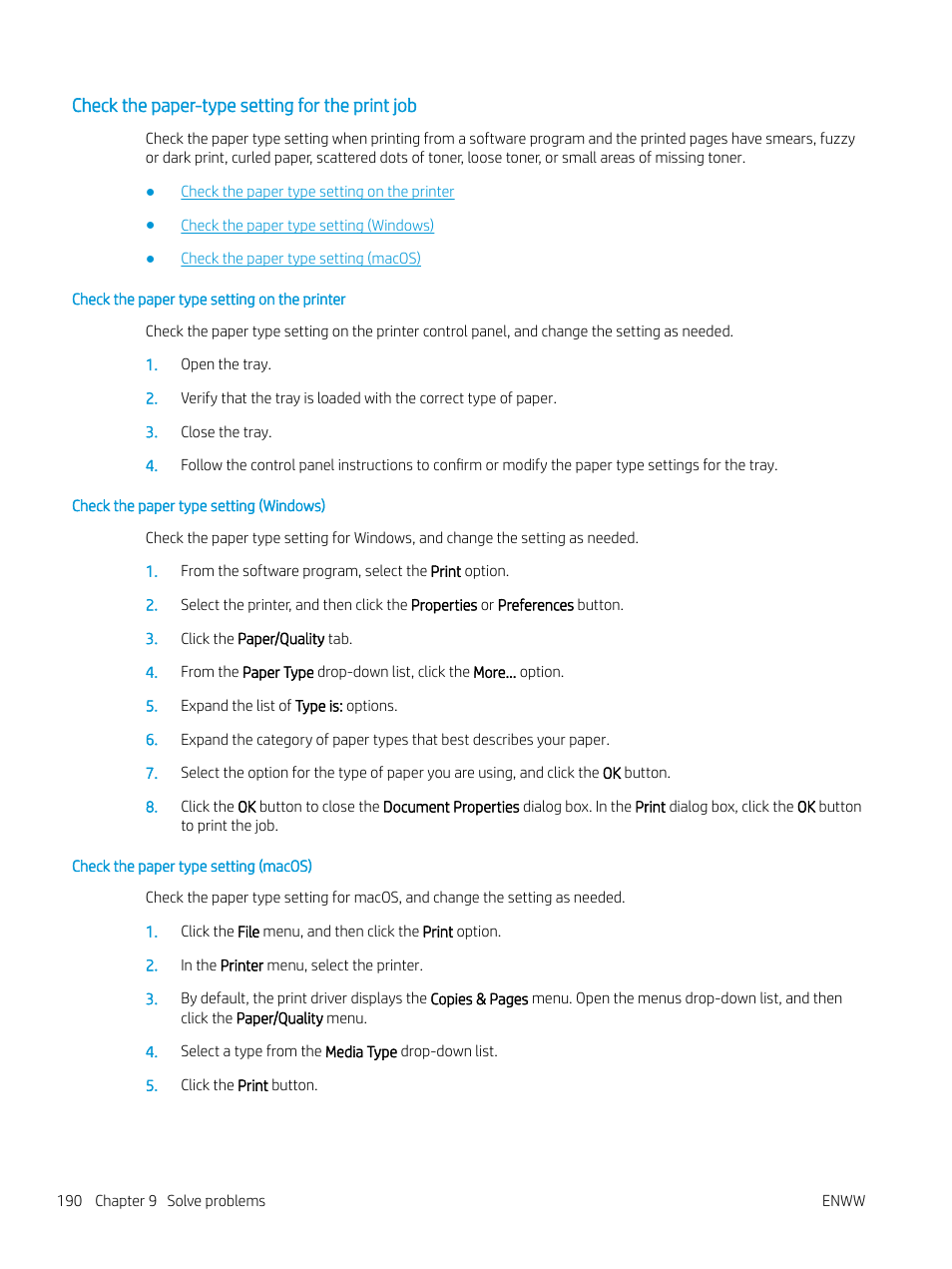 Check the paper-type setting for the print job, Check the paper type setting on the printer, Check the paper type setting (windows) | Check the paper type setting (macos) | HP MFP M528f Monochrome Laser Printer User Manual | Page 204 / 248