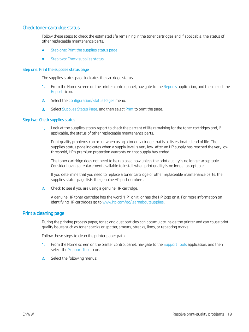 Check toner-cartridge status, Step two: check supplies status | HP MFP M528f Monochrome Laser Printer User Manual | Page 205 / 248