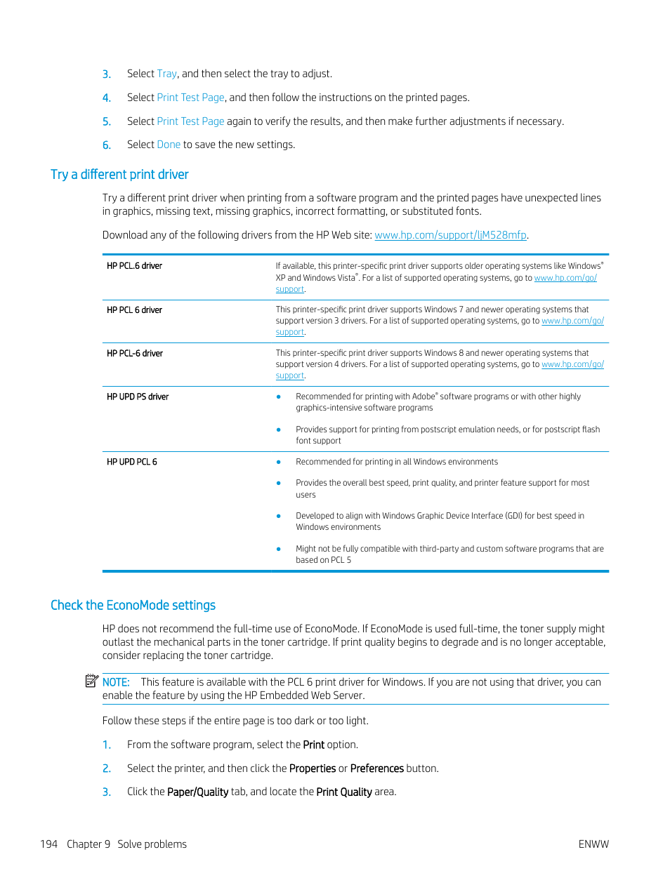 Try a different print driver, Check the economode settings | HP MFP M528f Monochrome Laser Printer User Manual | Page 208 / 248